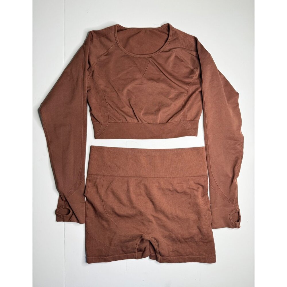 Seamless Brown 2-Piece Yoga Set With Long Sleeve Top & High-Waisted Shorts Thumb